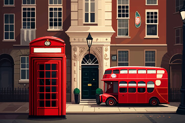 Fototapeta na wymiar london town street, red bus, red phone booth. Generative AI