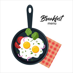 Food vector illustration. Breakfast, scrambled eggs in a pan. Food icon. Colorful breakfast illustration for cafe. Healthy food.