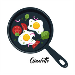 Food vector illustration. Breakfast, scrambled eggs with tomatoes and herbs. Healthy food icon. Colorful breakfast illustration for cafe. Healthy food. Omelette vector.