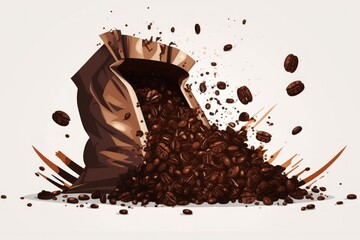 A pile of dark, roasted coffee beans in a bag spills on a white background. This wallpaper design is fresh and vibrant. Generative AI