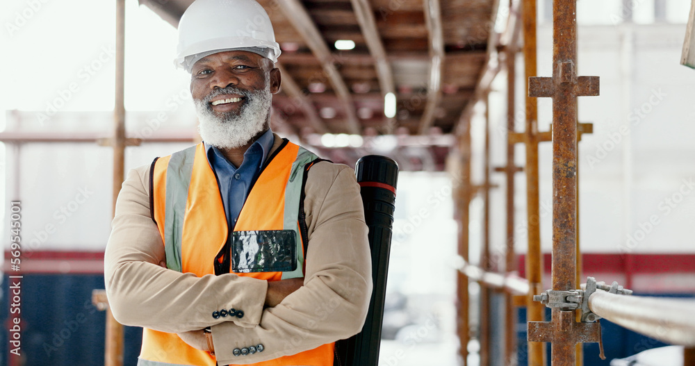 Poster Building engineer, architect and construction worker with a black man standing arms crossed with a positive mindset, motivation and vision on scaffold. Portrait of mature male contractor with a smile
