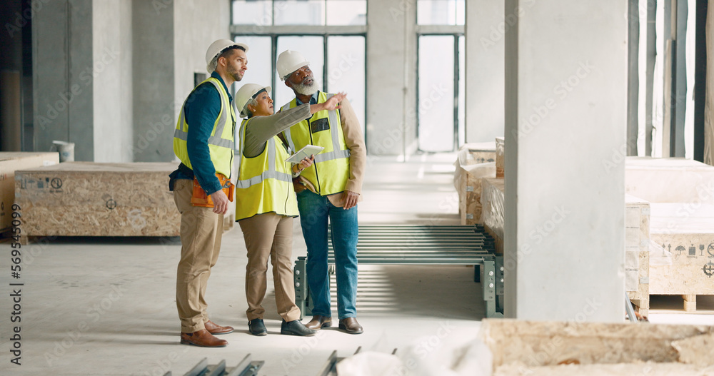 Poster Digital tablet, site and engineering team working on construction, logistic and architecture project, Teamwork, collaboration and industrial contractor in discussion with workers in industry building