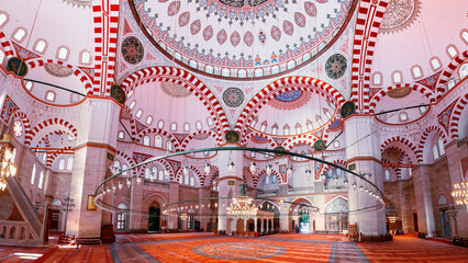ISTANBUL, TURKEY - MAY 2, 2021: Interior of Sehzade Mosque Sehzade Mosque or Prince's Mosque or Sehzade Camii. It's an Ottoman imperial mosque located in district of Fatih, was constructed by Sinan - 569545009