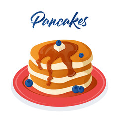 American pancakes. Pancakes with maple syrup and blueberries. Food vector. Traditional American dessert. Baking vector.