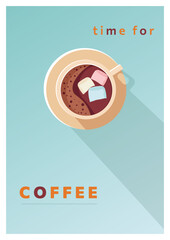 Cup of fresh coffee with marshmallows. Vector illustration. Flat style. Decorative design for cafeteria, posters, banners, postcards