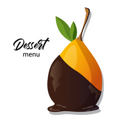 Exquisite pear dessert. Pear in chocolate. Restaurant menu. Vector desserts. Fruit sweets. Food icon.
