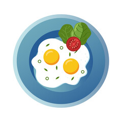 Served breakfast. Fried eggs with tomatoes and herbs on a plate. Vector food. Healthy breakfast with eggs. Menu for a cafe.