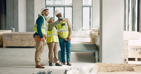 Digital tablet, site and engineering team working on construction, logistic and architecture...