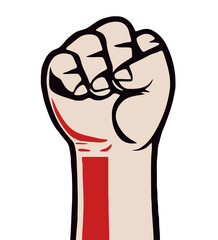 A raised clenched fist, poster art illustration for your propaganda and revolution needs.
