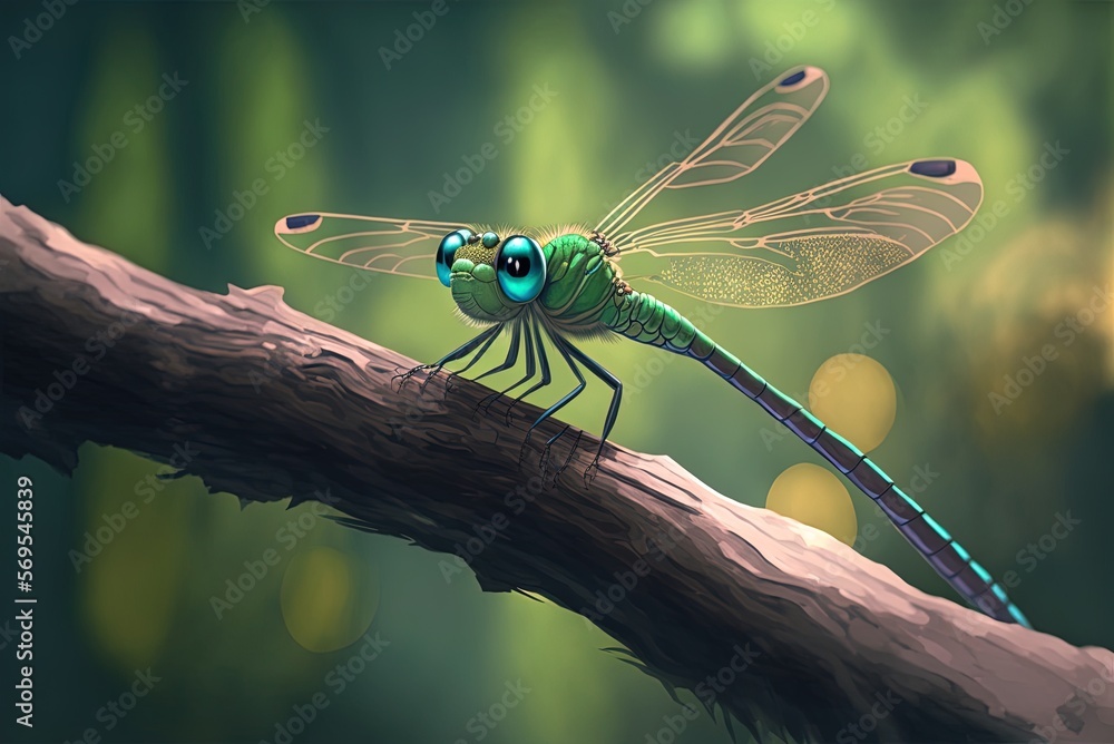 Poster close-up of a dragonfly perched on a tree limb against a lush green background generative ai