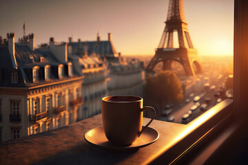 Cup of delicious coffee on blurred background of Paris cozy street and Eiffel tower. Romantic evening view. Based on Generative AI