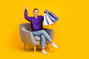 Full body portrait of crazy delighted lady sit chair hold bags raise fist celebrate luck isolated on yellow color background