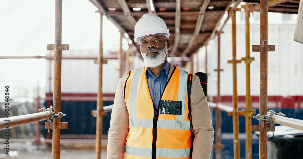 Poster Construction, building and mature architect with design, vision and idea for development while working at a construction site. Portrait of elderly industrial worker with arms crossed for architecture