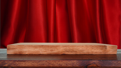 empty wooden floor with a wave red cloth backdrop (spot focus)