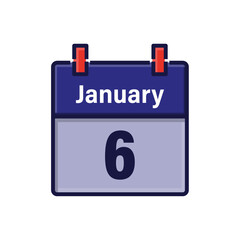 January 6, Calendar icon. Day, month. Meeting appointment time. Event schedule date. Flat vector illustration.
