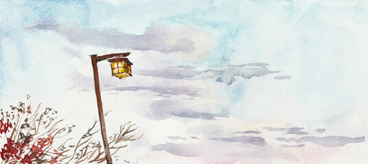 Japanese street lamp. Evening sky. Watercolor hand painted illustration.