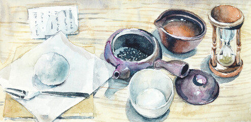 Tea brewing. Sketch in Japanese cafe. Watercolor hand painted illustration. - 569547437