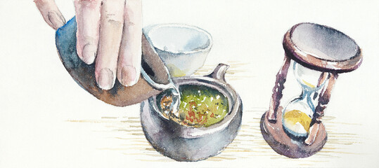 Tea brewing. Sketch in Japanese cafe. Watercolor hand painted illustration. - 569547444