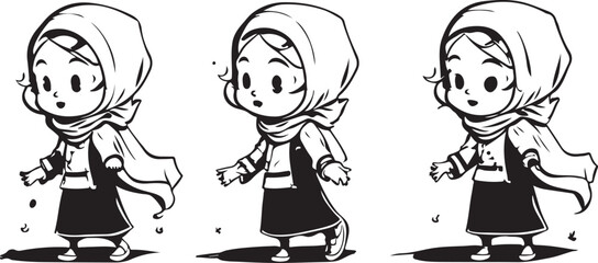 Little hijab girls with multiple expressions line art sketch