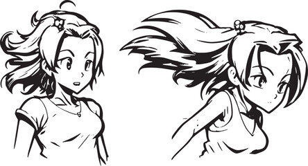 Sketch illustration of a girl cartoon anime style multiple poses and expressions