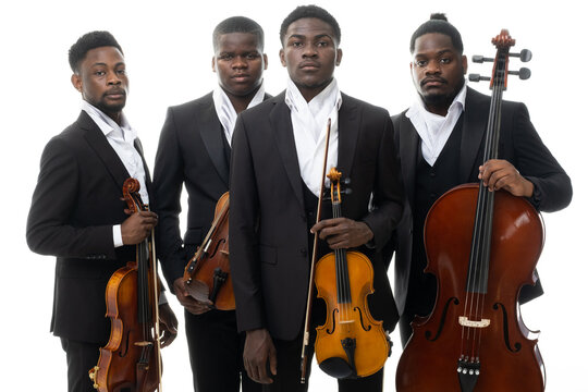 Studio portrait of a string quartet on a white background. African americans