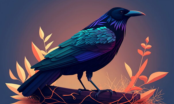 Craw on a branch. Flat illustration. Generative AI technology.