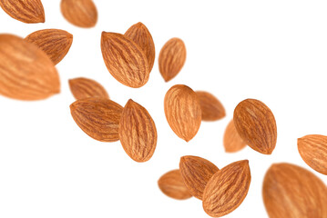 Levitation of almonds isolated on transparent background.