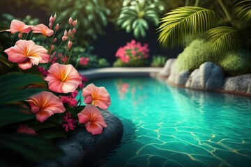 Swimming pool with tropical flowers. Summer seasonal design for relax, spa and wellness. Tourist resort concept. 