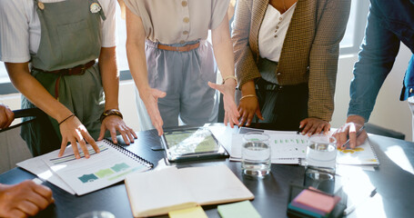 Documents, meeting and startup team in workshop for kpi strategy, planning or financial project for...