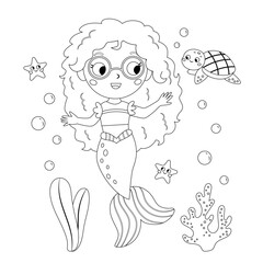 Cute mermaid with glasses. Kawaii cartoon turtle and starfish. Little mermaid princess. Vector outline illustration for coloring book.