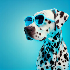 portret of dalmatian in sunglasses isolated on blue background - obrazy, fototapety, plakaty