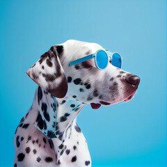 portret of dalmatian in sunglasses isolated on blue background - obrazy, fototapety, plakaty