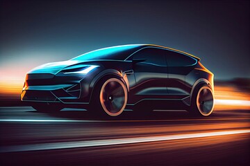 Plakat illustration of Electric SUV driving on the highway,generative ai content by Midjourney