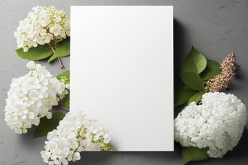 wedding Invitation card empty white mockup with hydrangea and gypsophila flower decorations. Generative AI