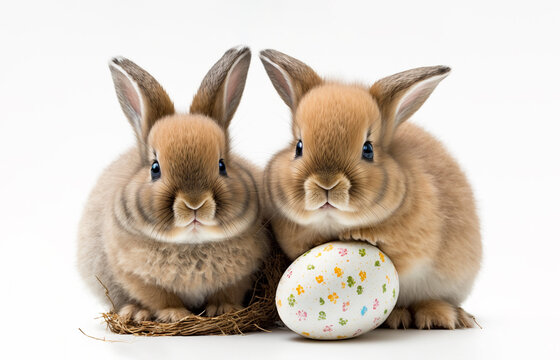 Cute Easter bunnies with eggs. Generative AI
