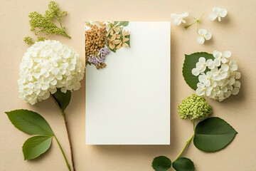 wedding Invitation card empty white mockup with hydrangea and gypsophila flower decorations. Generative AI