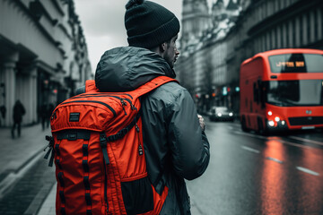 Fototapeta premium A businessman with backpack is standing on London city environment background. Life in the city concept scene. Generative Ai image. 