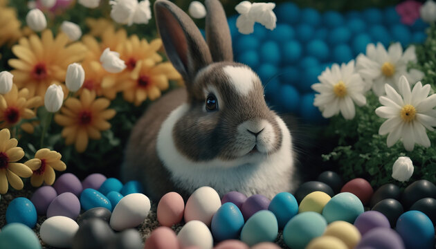easter bunny with egg in a field with sping flowers