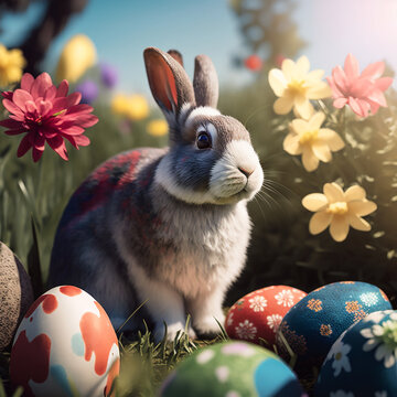 easter bunny with egg in a field with sping flowers