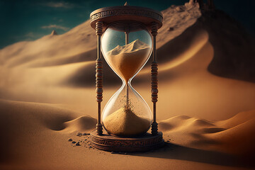 An ancient wooden hourglass or sand timer on the desert background. Generative Ai image.