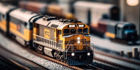 Tilt-shift Miniature train model on railroad transport. illustration AI generated