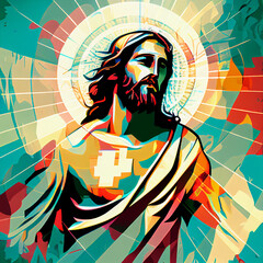 Naklejka na ściany i meble Jesus, Christ Retro Easter Springtime Religious Prophet Halo Vintage Abstract Generative AI Tools Technology illustration