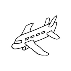 An airplane, an aircraft, is designed for flights, transportation of passengers. Airport. Doodle. Hand drawn. Vector illustration. Outline.