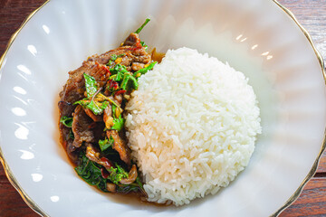Stir Fried Basil with Beef on Rice.