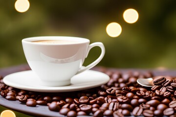 A tilt shift image of a fresh cup of hot coffee. Generative AI.