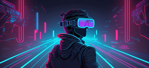 a neon, future inspired background. Imagine a man wearing technological headwear, such as virtual reality glasses. interface for use. The first player is prepared for the game online. Generative AI