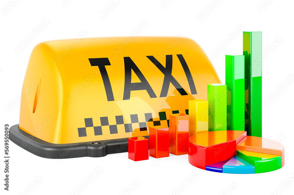 Poster taxi car signboard with growth bar graph and pie chart. 3d rendering