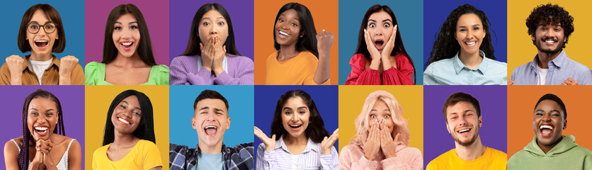 Cute multiethnic millennial men and women showing emotions, collage