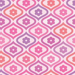 Retro Colorful flowers in pink, purple, coral and orange on mid century ogee seamless pattern. For home décor, wallpaper, fabric and textile	