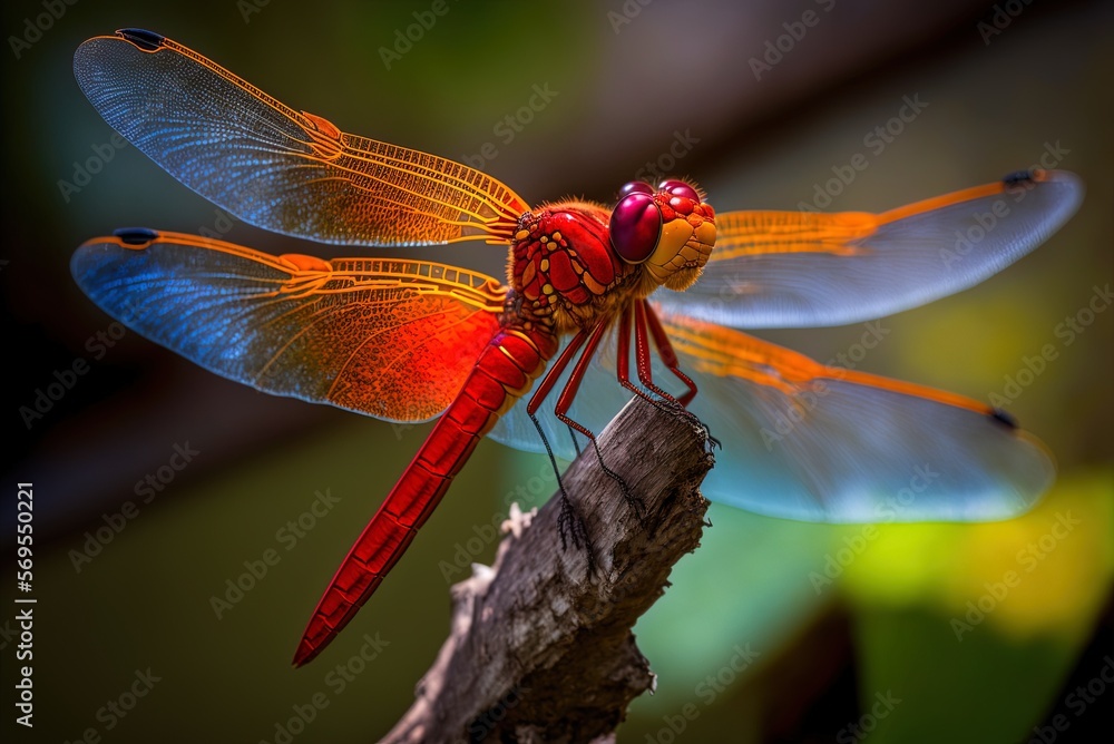 Poster a close-up of a flame skimmer dragonfly perched on a branch generative ai